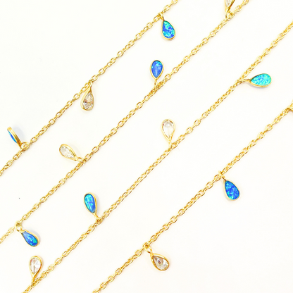 Created Blue Opal & CZ Tear Drop Shape Dangle Chain.