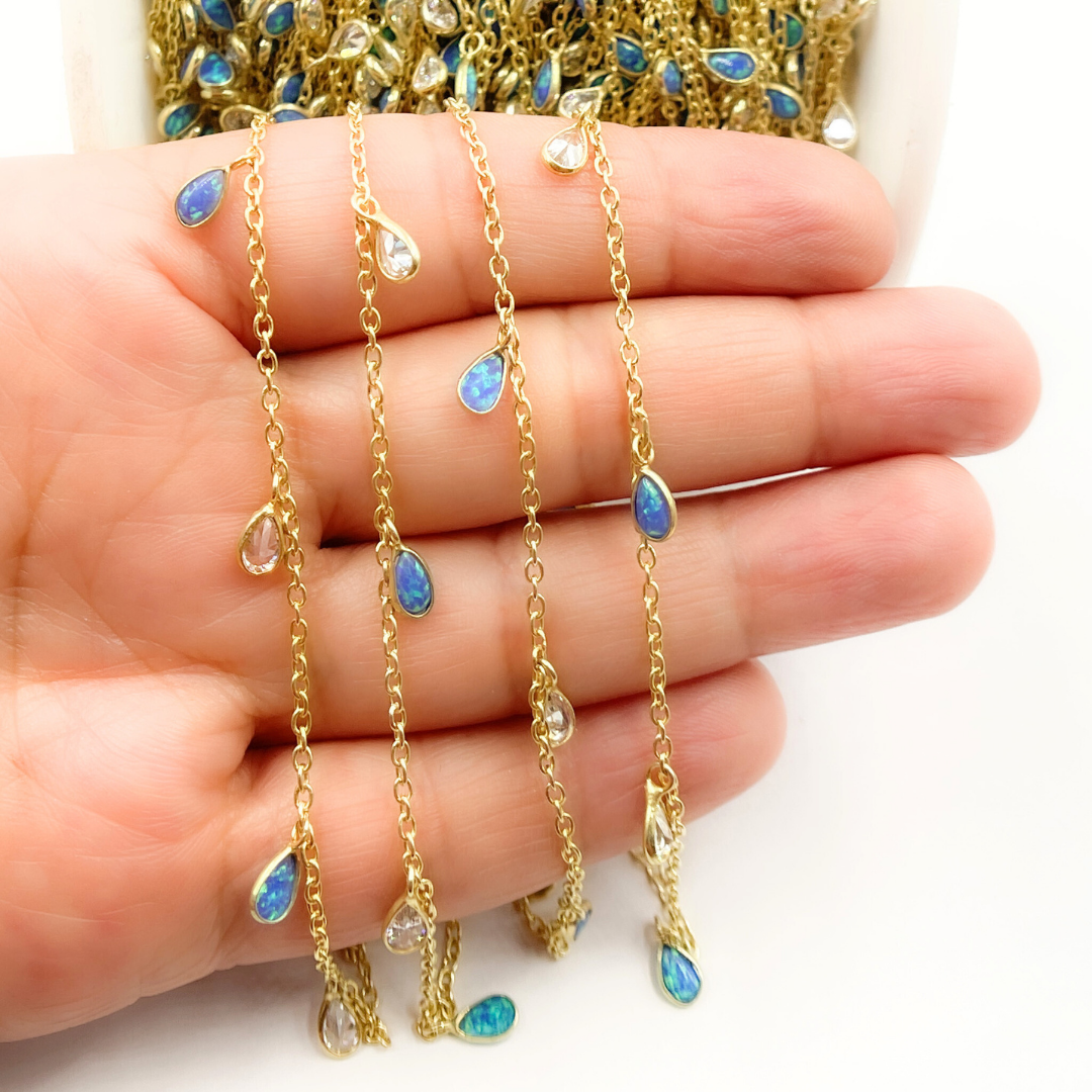 Created Blue Opal & CZ Tear Drop Shape Dangle Chain.