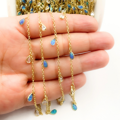 Created Blue Opal & CZ Tear Drop Shape Dangle Chain.