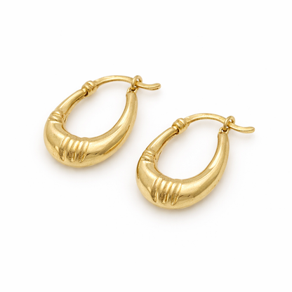 GER179. 14K Solid Gold Textured Hollow Hoops Earrings