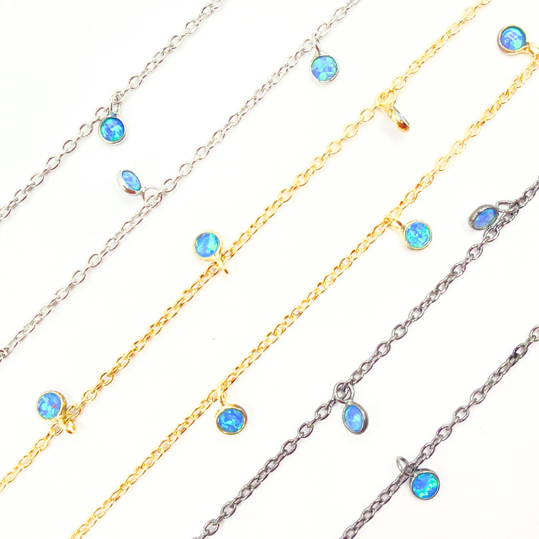 Created Blue Opal Round Shape Dangle Chain