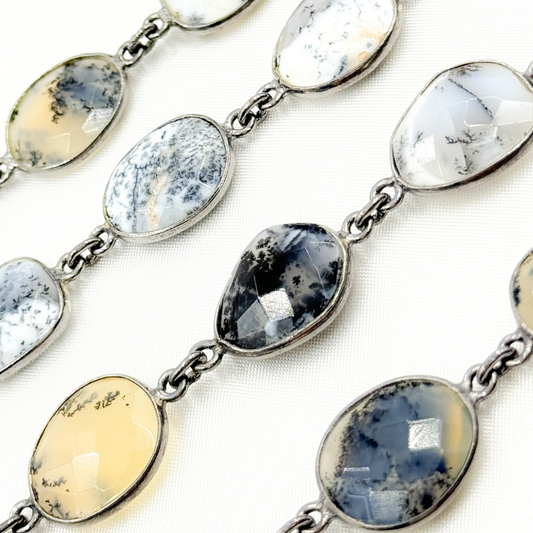 Dendrite Opal Organic Shape Bezel Oxidized Silver Wire Chain. DEN2