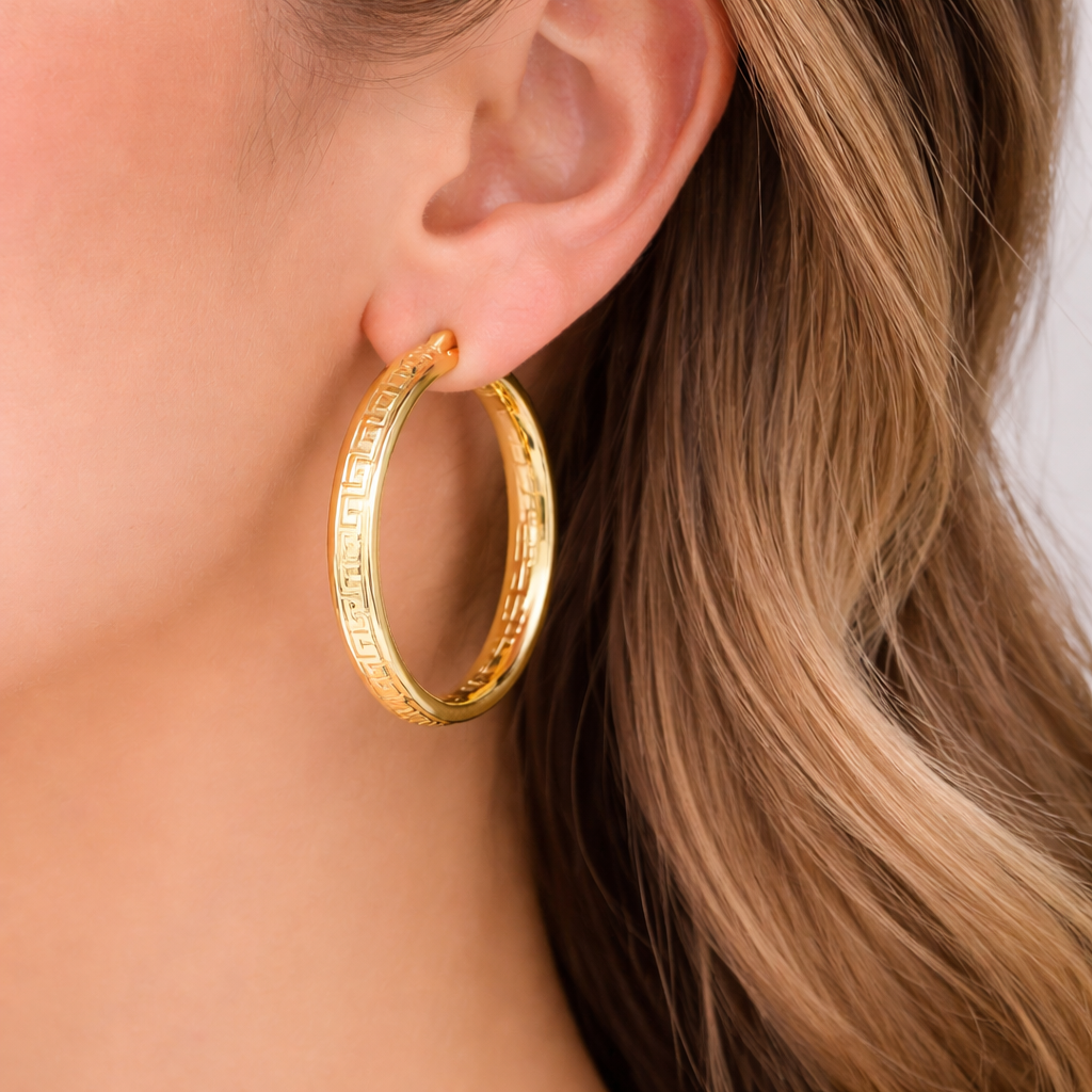 GER57. 14K Gold Hollow Flat Round Hoop Earrings with Texture