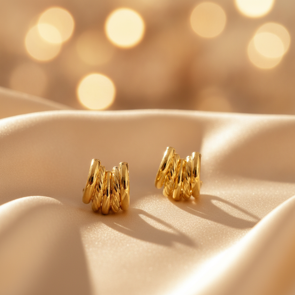 15850018845. 14K Solid Gold Smooth and Textured Ribbed Hollow Stud Earrings