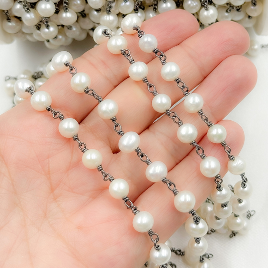 Round White Freshwater Pearl Wire Wrap Chain