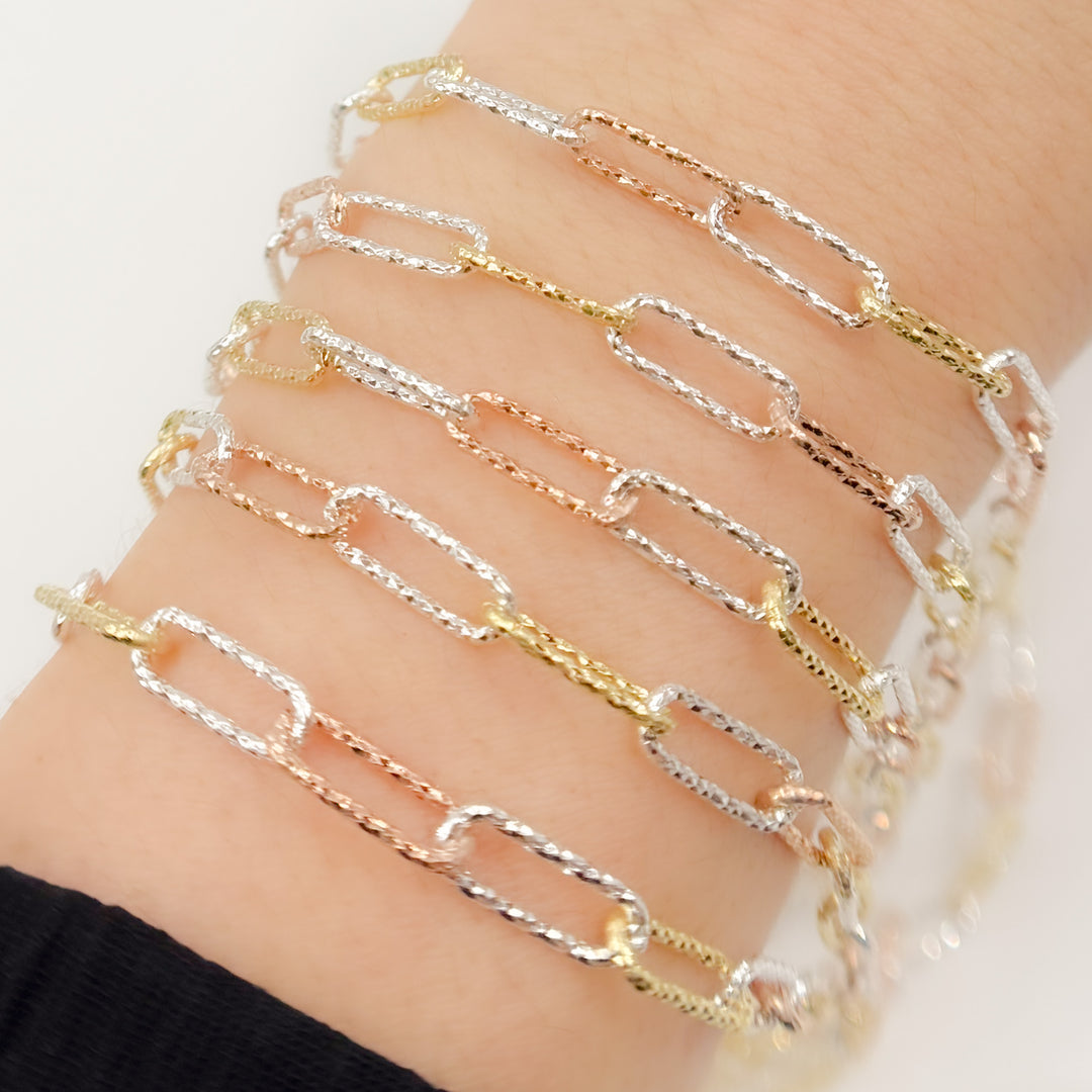 Sterling White Silver Gold and Rose Plated Diamond Cut Paperclip Chain