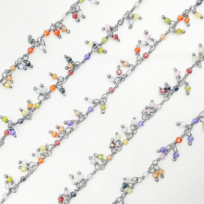 Multi Color CZ Cluster Dangle Oxidized Wire Chain.