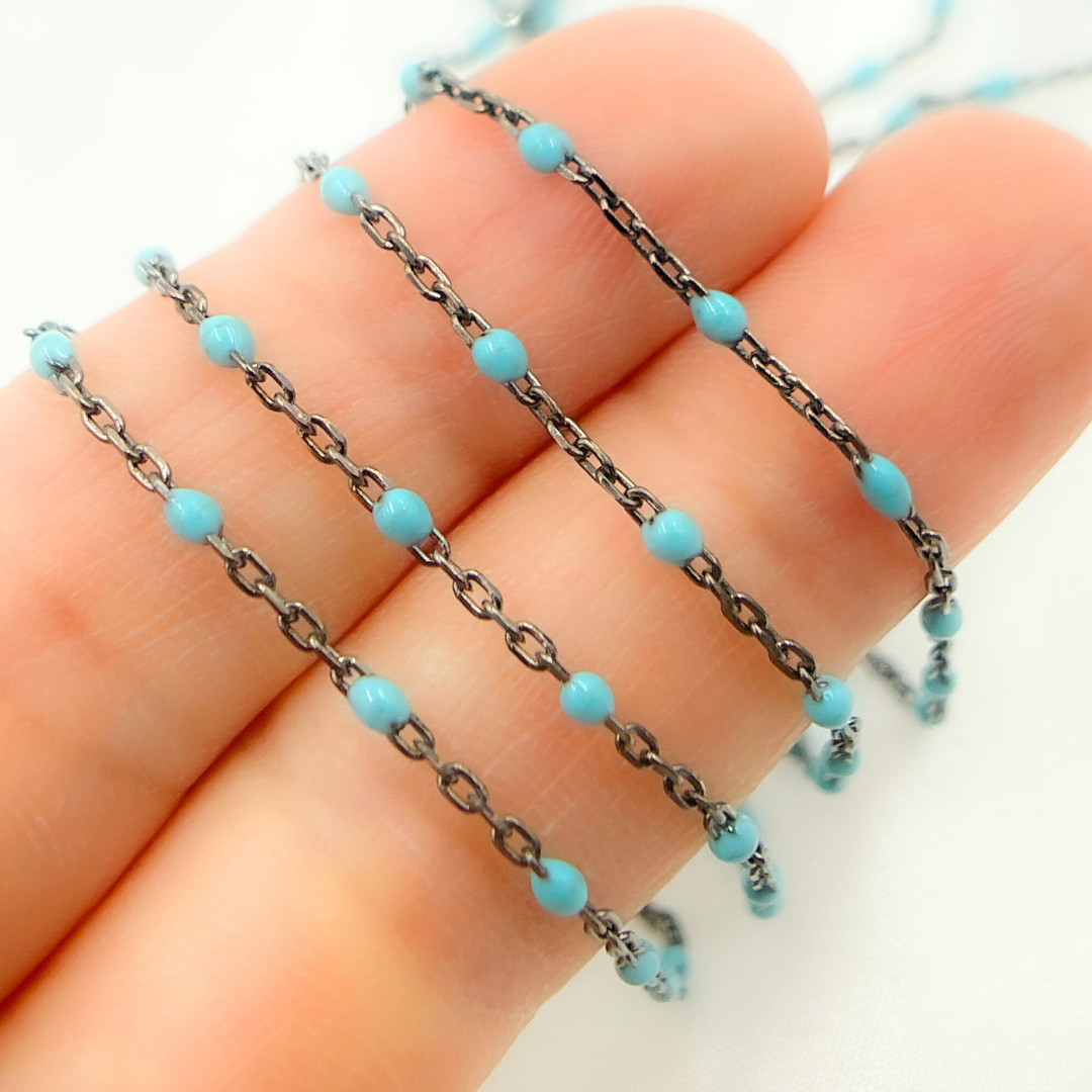 Oxidized 925 Sterling Silver Enamel Turquoise Color Cable Chain.  V203TUROX