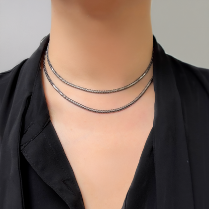 Black Rhodium and White Sterling Silver Flat Wheat Necklace
