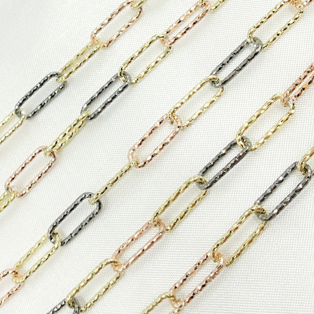 925 Sterling Silver Tri-color Diamond Cut Paperclip Chain. V8GBR