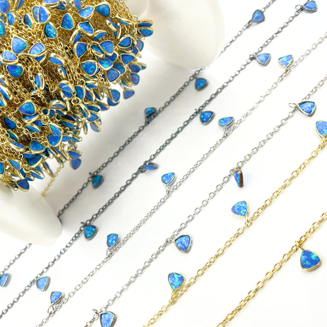 Created Blue Opal Triangle Shape Dangle Chain