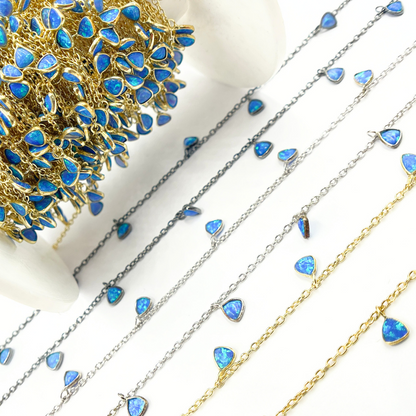 Created Blue Opal Triangle Shape Dangle Chain