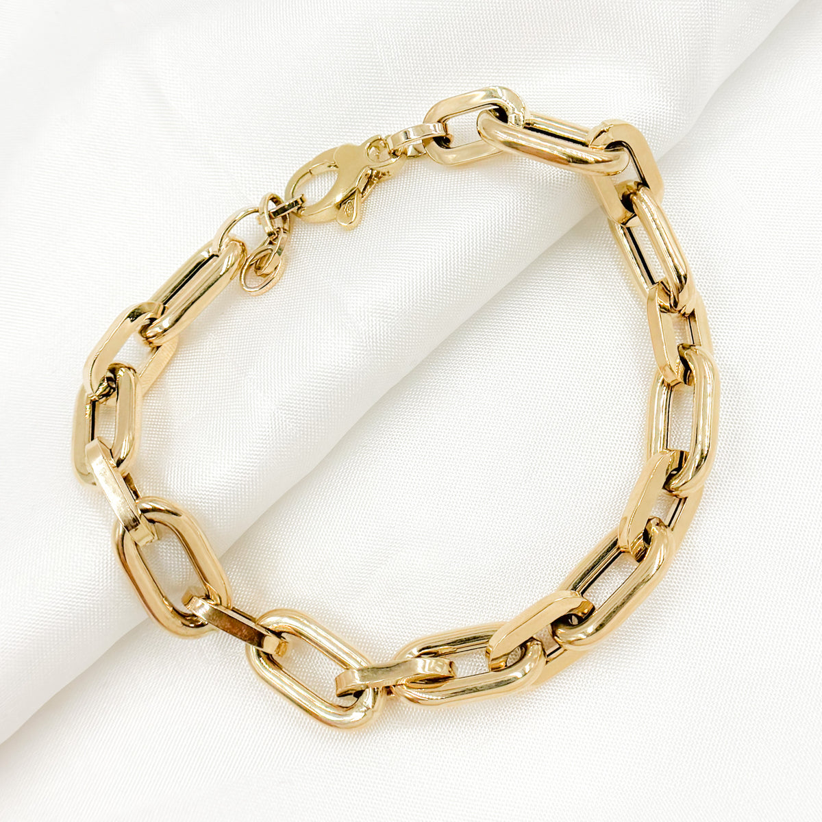 14k Solid Yellow Hollow Gold Smooth and Flat Oval Link Bracelet