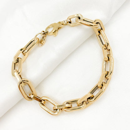 14k Solid Yellow Hollow Gold Smooth and Flat Oval Link Bracelet