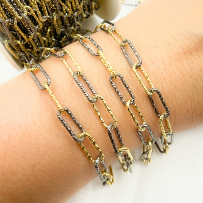 925 Sterling Silver Gold Plated & Black Rhodium Diamond Cut Paperclip Chain