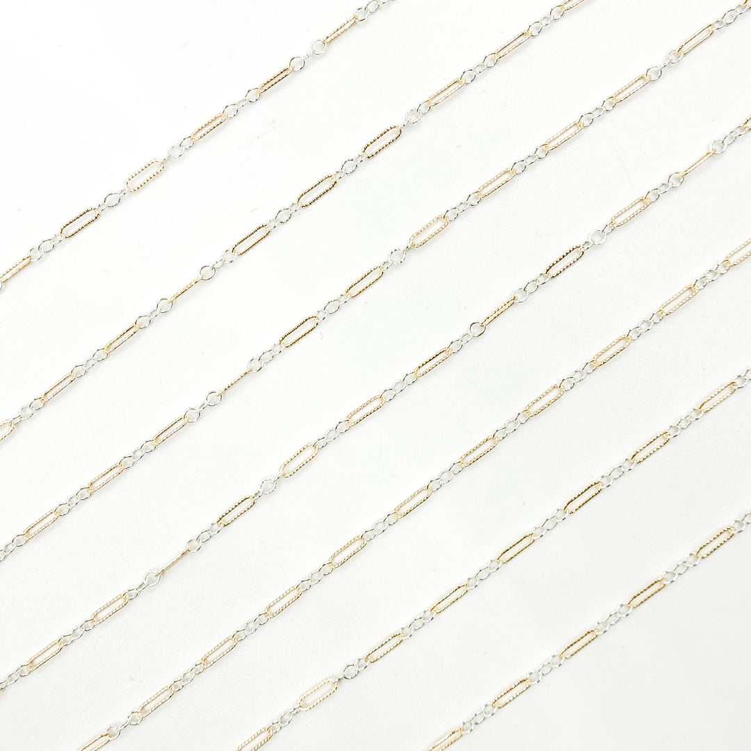 XM/1003K. 14K Gold Filled and Sterling Silver Knurled Link Chain – Long & Short Pattern