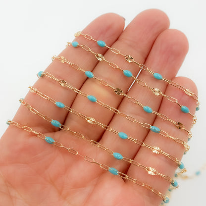 V295TURGF. 14K Gold Filled Turquoise Color Enamel with Paperclip and Diamond Cut Marina Links