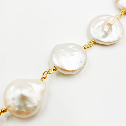 Coin Shape Freshwater Pearl with Gold Plated Sterling Silver Chain
