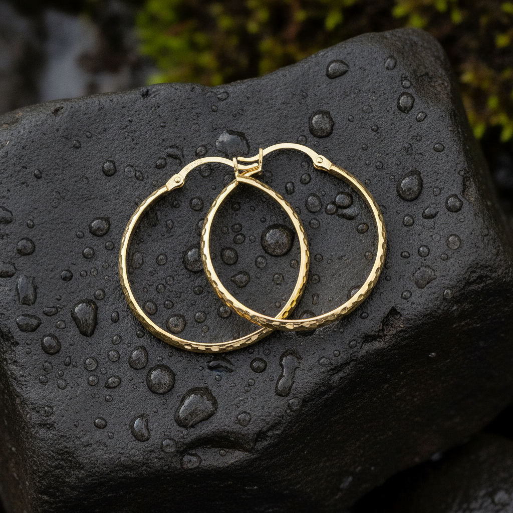 GER64. 14K Gold Diamond Cut Hollow Hoop Earrings