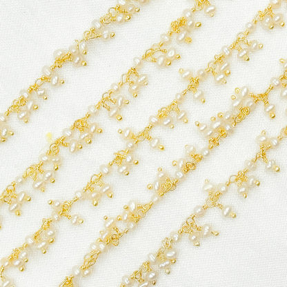 PRL32. Pearl Cluster Dangle Gold Plated Wire Chain