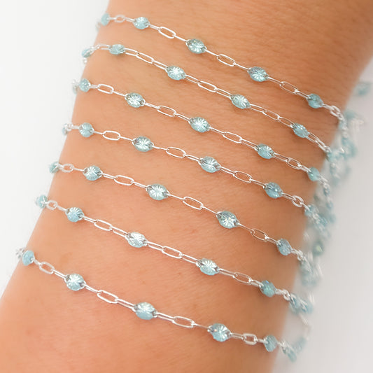 Sterling Silver Sky Blue Opal Color Enamel Cable Chain