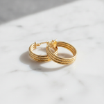 Load image into Gallery viewer, 15850017958. 14K Solid Gold Smooth and Textured Triple Line Hollow Hoop Earrings