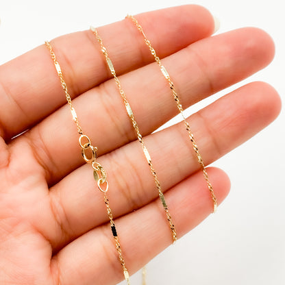 14K Yellow Solid Gold Flat Bar and Singapore Link Necklace