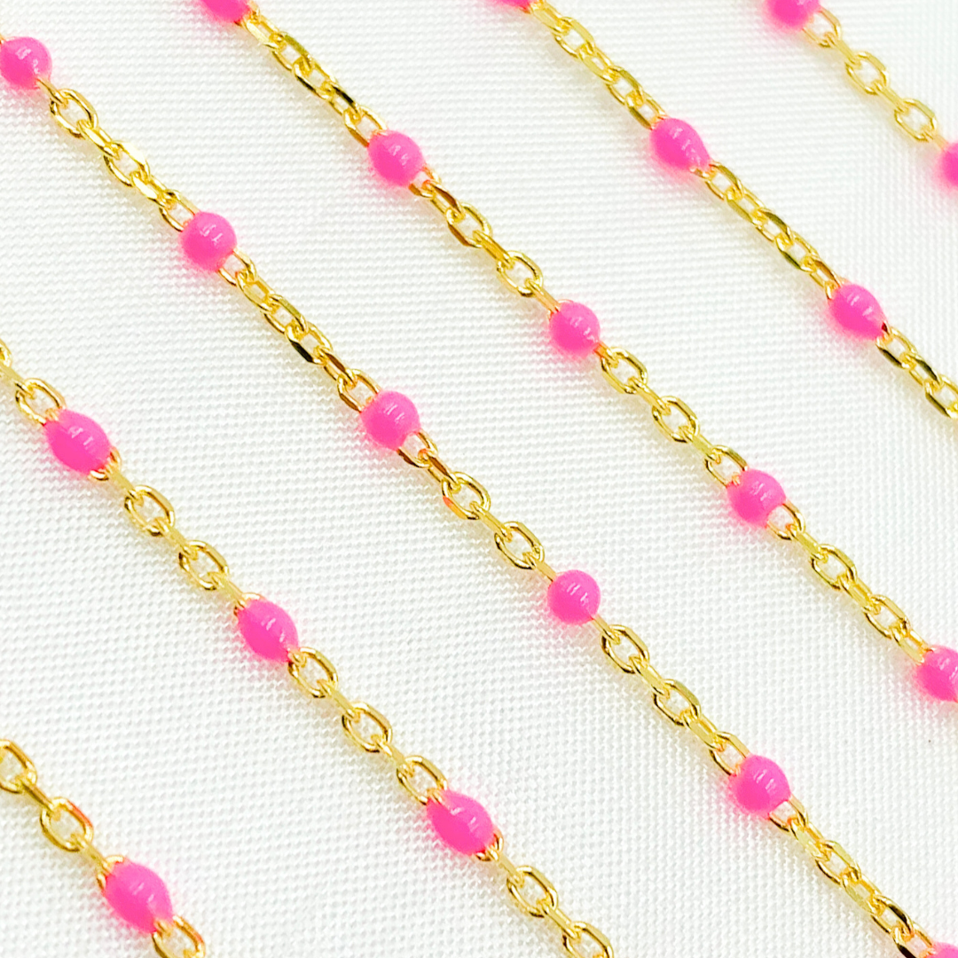 Gold Plated Sterling Silver Enamel Pink Color Cable Chain