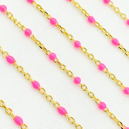 Gold Plated Sterling Silver Enamel Pink Color Cable Chain
