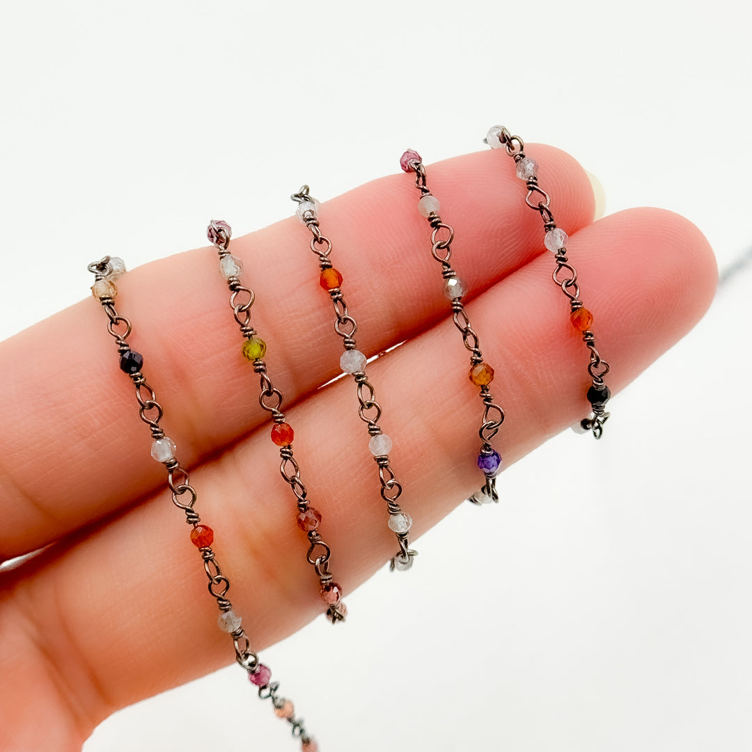 MGS26. Multi Gem Stone Faceted Roundel Wire Wrapped Chain