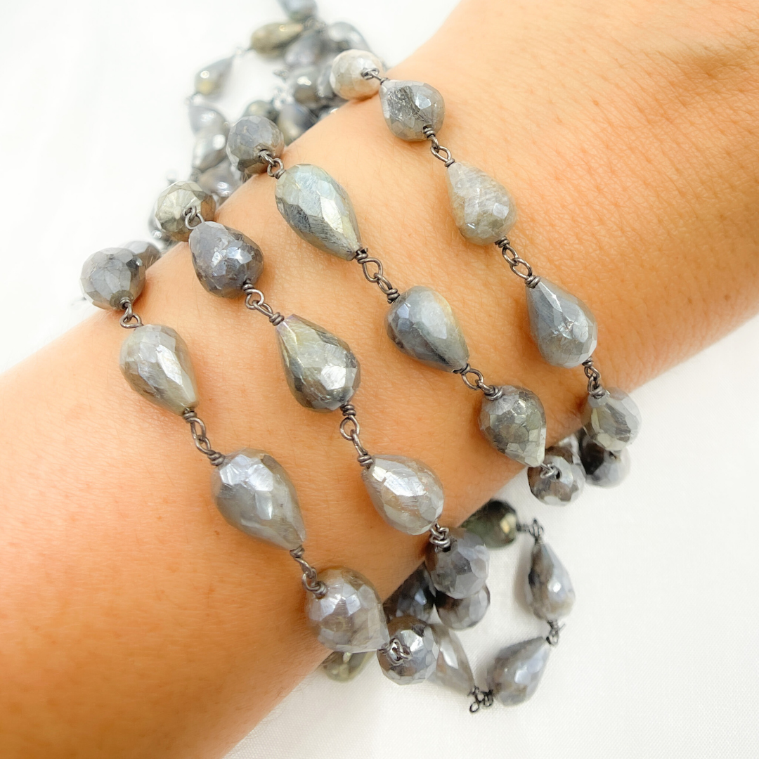 Coated Labradorite Pear Shape Oxidized Wire Chain