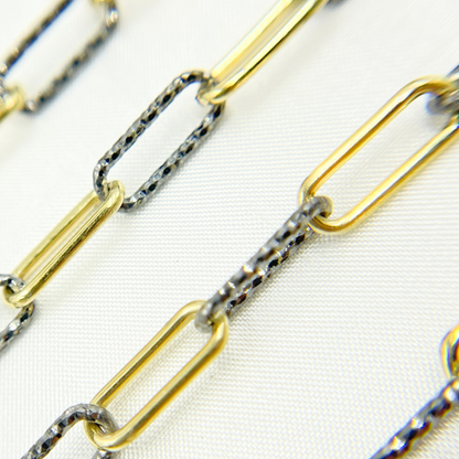 Gold Plated & Black Rhodium 925 Sterling Silver Smooth & Diamond Cut Paperclip Chain