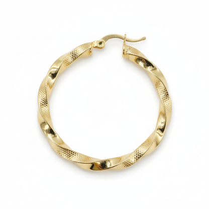 GER129. 14K Solid Gold Twisted Hoop with Texture