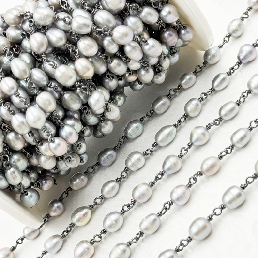 Grey Freshwater Pearl Oval Wire Wrap Chain. PRL17