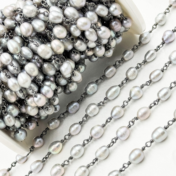 Grey Freshwater Pearl Oval Wire Wrap Chain. PRL17