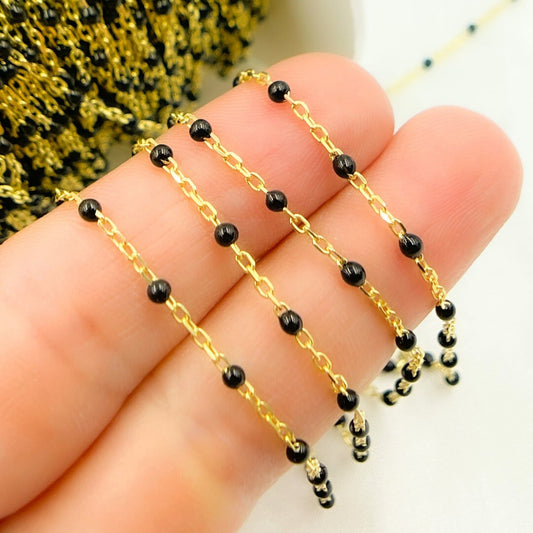 Gold Plated Sterling Silver Enamel Black Color Cable Chain
