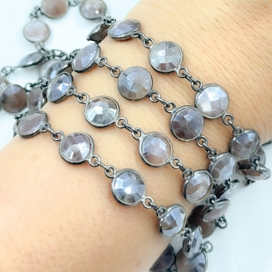 Coated Chocolate Moonstone Round Shape Bezel Oxidized Wire Chain.