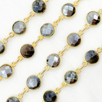 Load image into Gallery viewer, Coated Grey Moonstone Round Shape Bezel Gold Plated Wire Chain. CMS23
