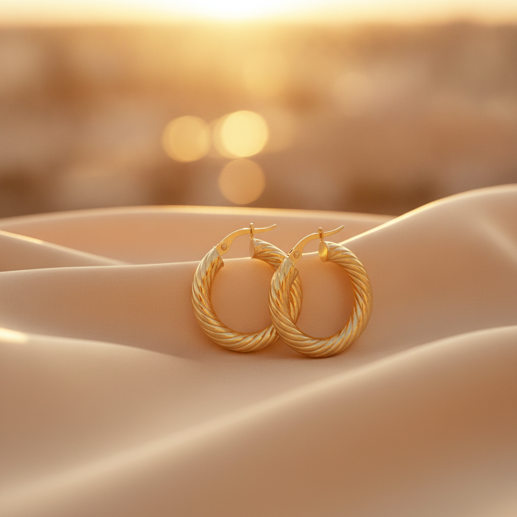 15850018594. 14K Solid Gold Twisted Round Hollow Hoop Earrings