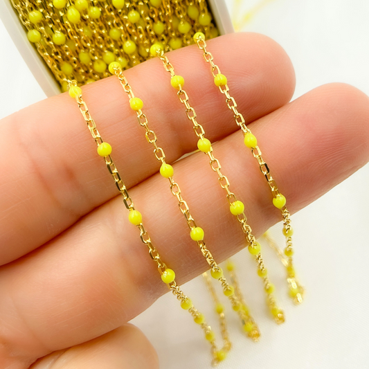V203YLGP. Gold Plated Sterling Silver Enamel Yellow Color Cable Chain