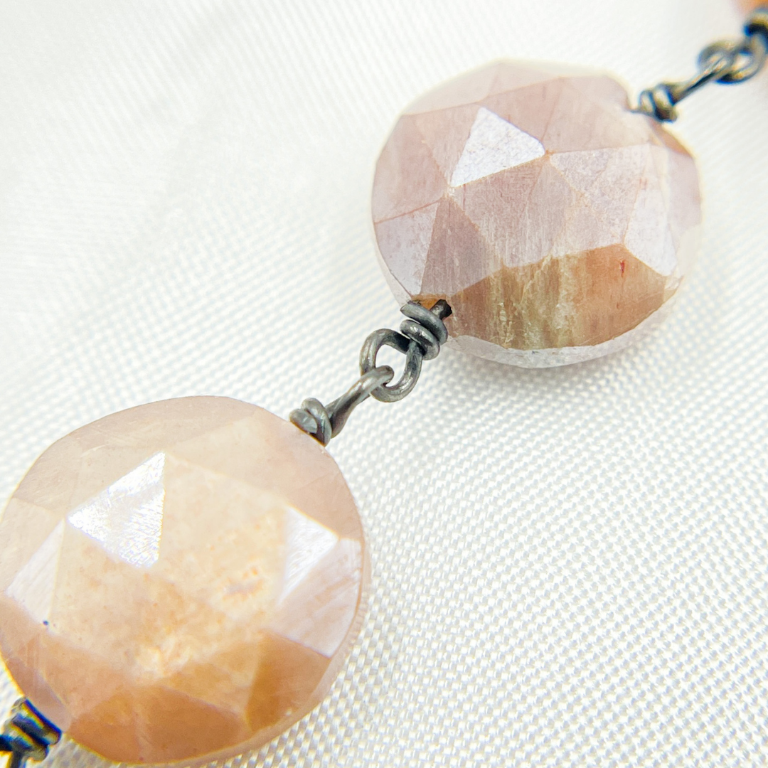 Coated Taupe Coin Shape Moonstone Oxidized 925 Sterling Silver Wire Chain.