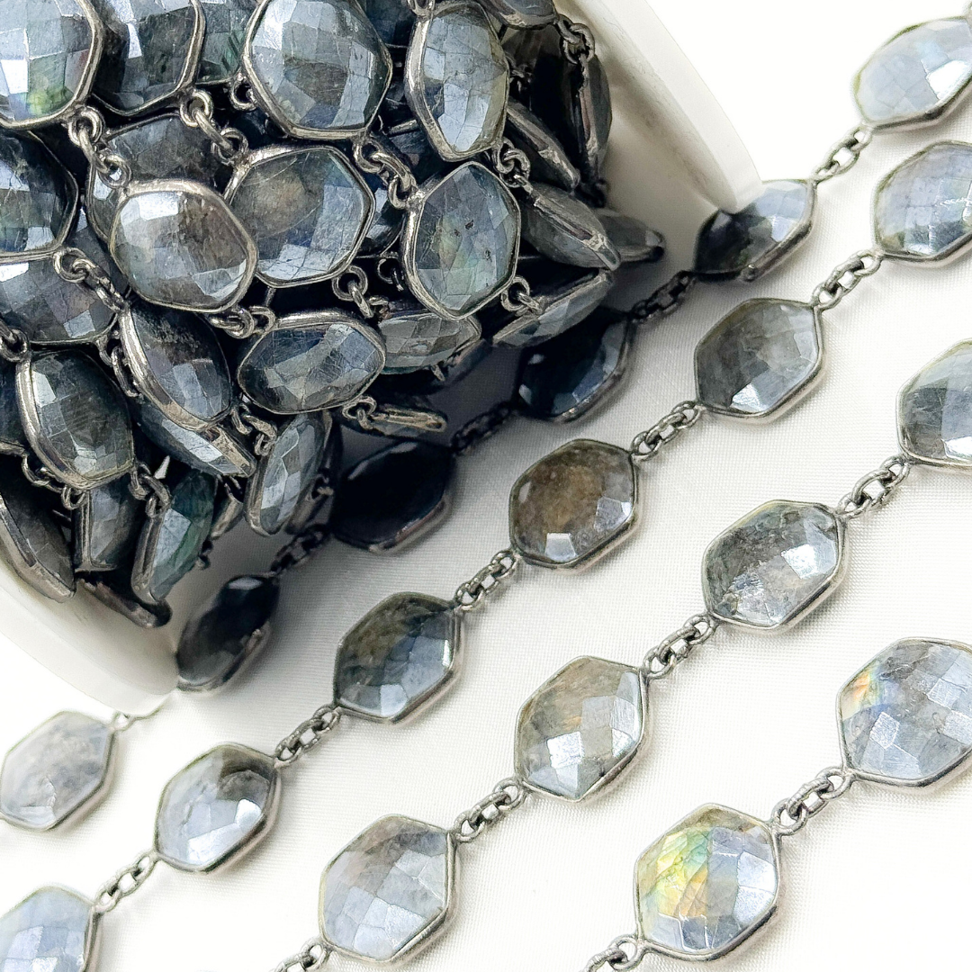 Coated Labradorite Hexagon Shape Bezel Oxidized Wire Chain. CLB8