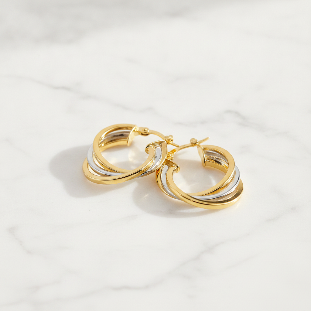 GER19. 14K Two-Tone Gold Hollow Hoop Earrings