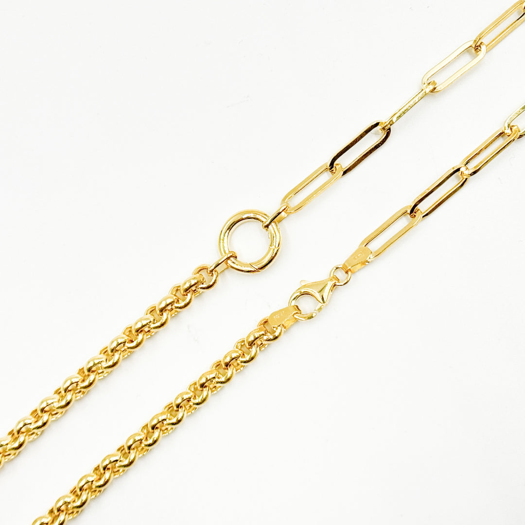 TRE007. 14K Solid Gold Hollow Paperclip and Rolo Fancy Necklace