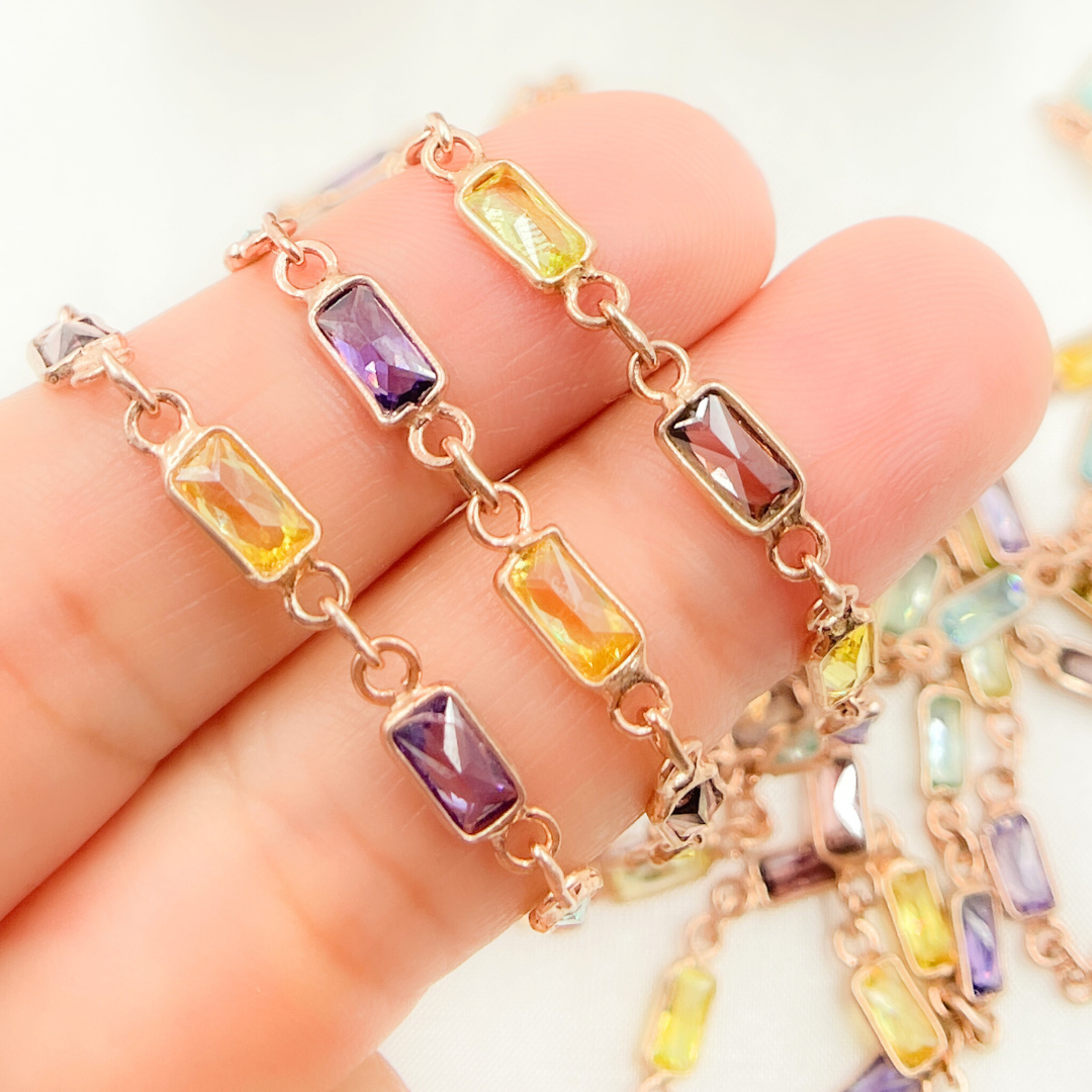 Multi Color Cubic Zirconia Rectangular Shape Connected Chain