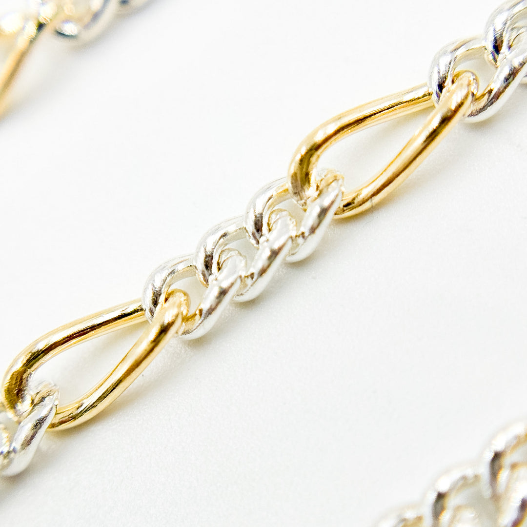 XM/3831C. 14K Gold Filled & Sterling Silver Figaro Link Chain – Long Gold, Short Silver Pattern