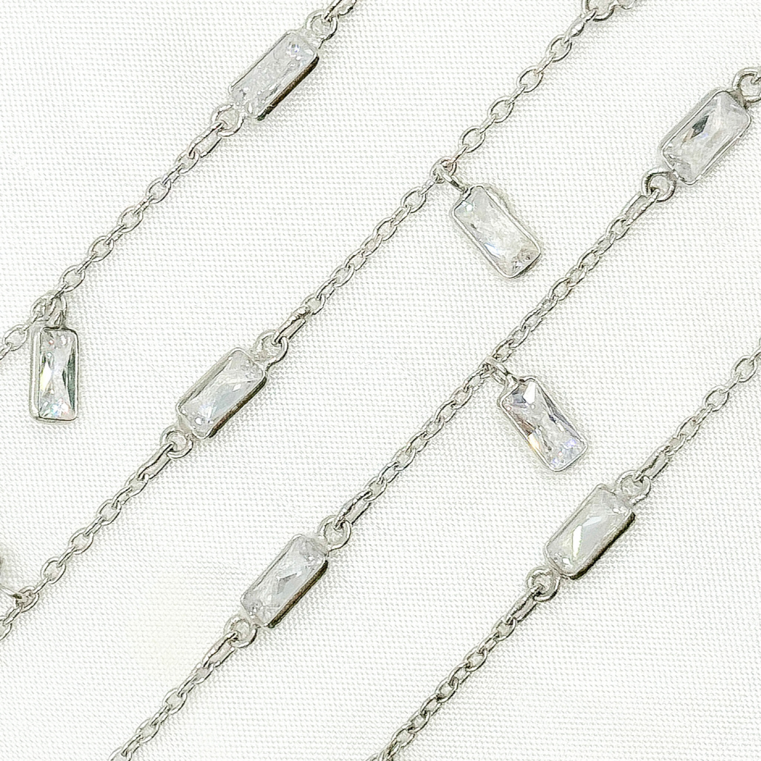 Cubic Zirconia Rectangle Shape Dangle & Connected Wire Chain