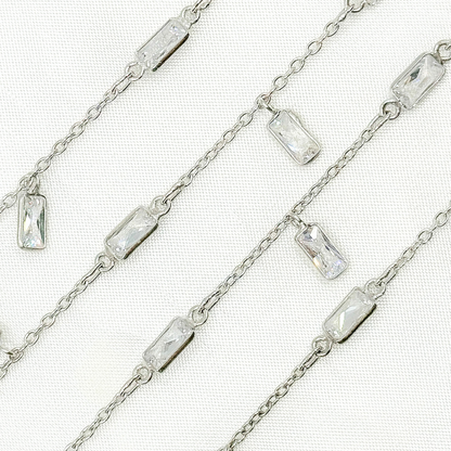 Cubic Zirconia Rectangle Shape Dangle & Connected Wire Chain