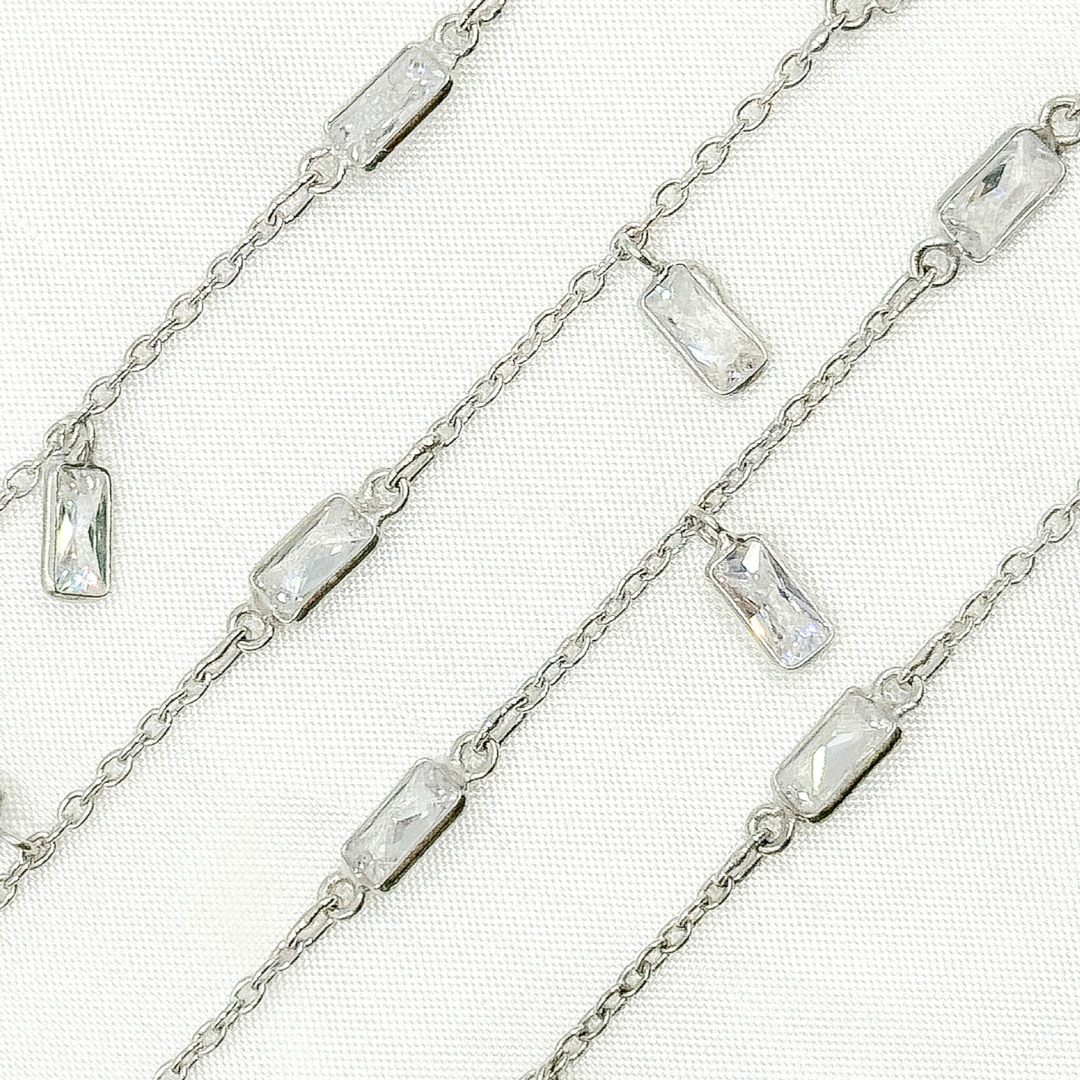 Cubic Zirconia Rectangle Shape Dangle & Connected Wire Chain. CZ35