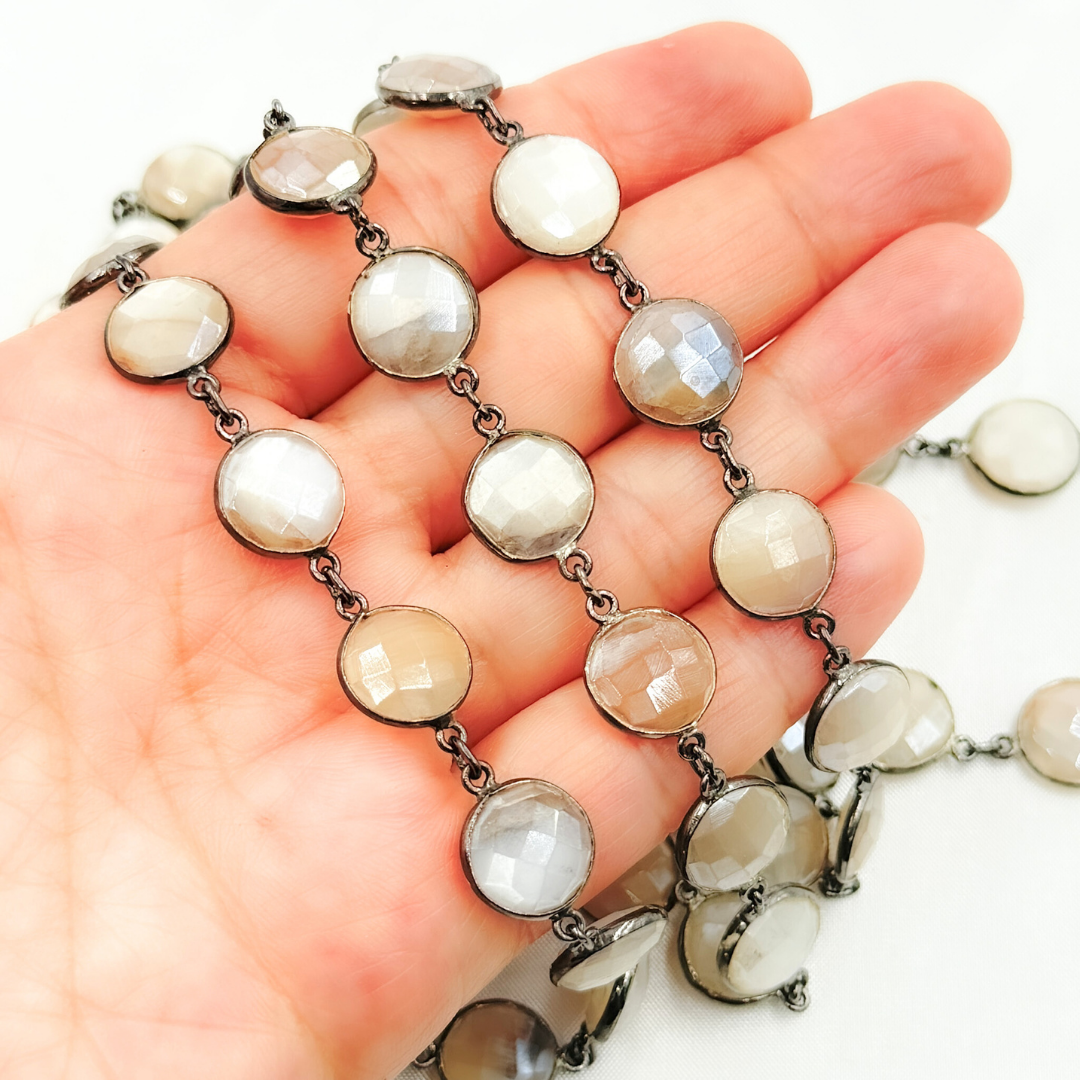 Coated White Moonstone Round Shape Bezel Oxidized Wire Chain.